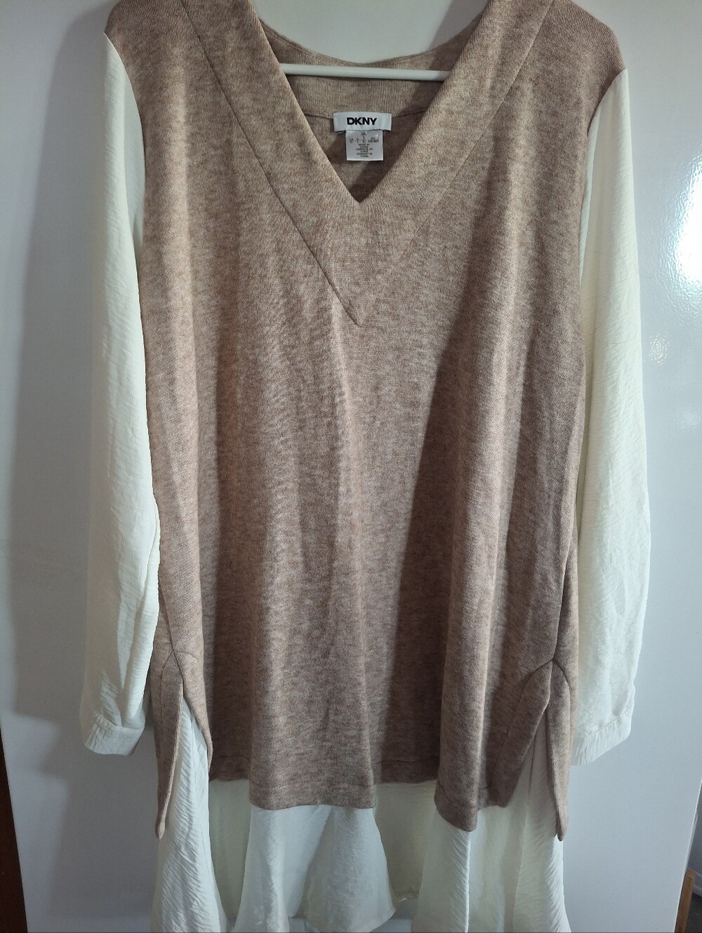 DKNY Two-Tone V-Neck Sweater Dress Tunic in Taupe and White